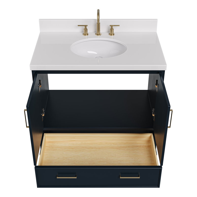 Meuble-lavabo simple avec plateau Abshire 37, Bleu minuit, Quartz blanc pur