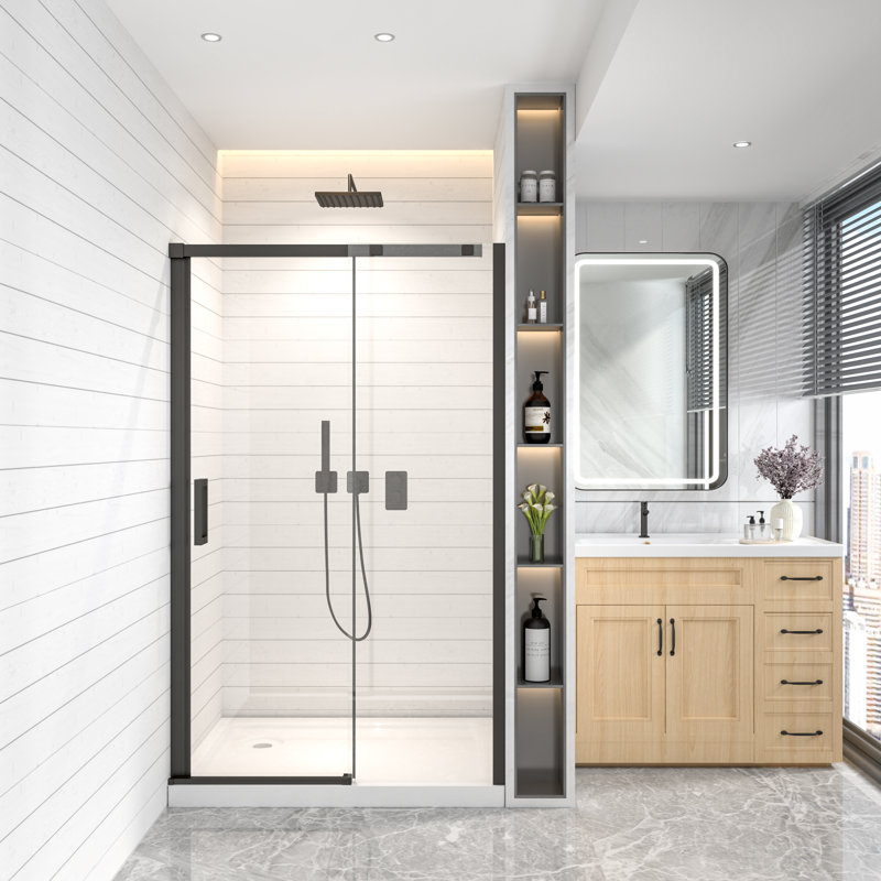 Porte de douche coulissante simple sans cadre de 44 à 48 po x H 74 po avec verre trempé de 5/16 po, H 74 po x l 48 po