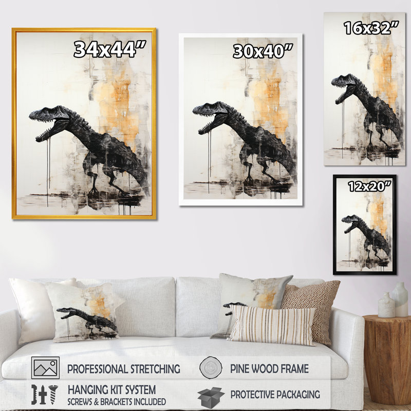 Minimalist Velociraptor Fossils I - Dinosaur Wall Art, Black Single Picture Framed, 40" H x 30" W x 1.5" D