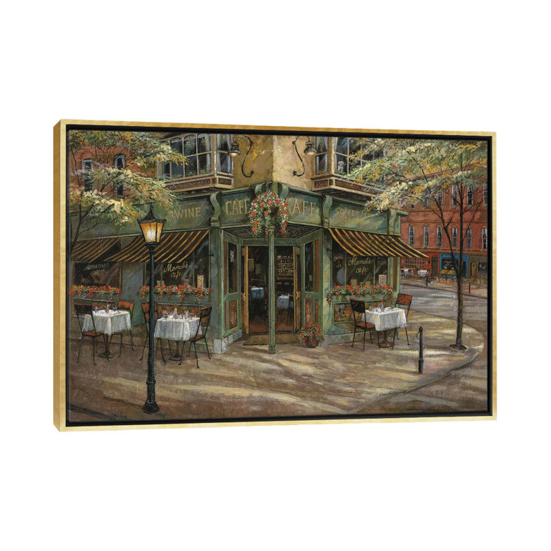 Mandi's Café par Ruane Manning - reproduction d'art, Aucun mat, Toile encadrée d'or, H 32 po x l 48 po x 1,5 po