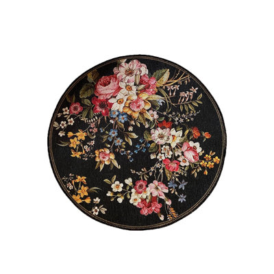 Floral Pattern Round Machine Washable Rug
