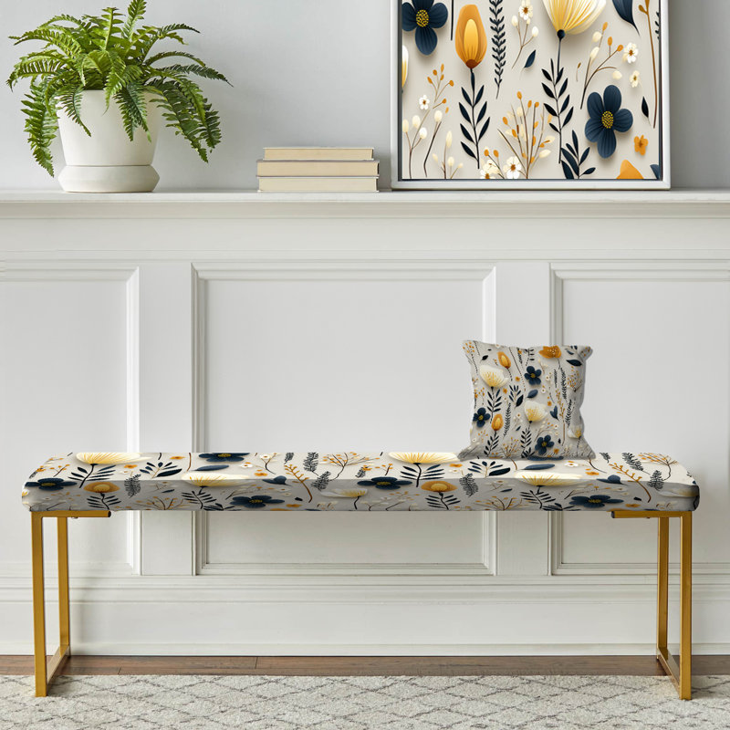 Beige Begonia Botanicals Collage - Floral Upholstered Gold Bench