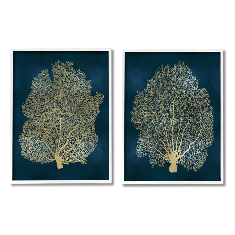 «Modern Sea Fan Composition Blue Gold Ocean Plant 2pc», art mural surdimensionné par Melonie Miller, H 20 po x l 16 po