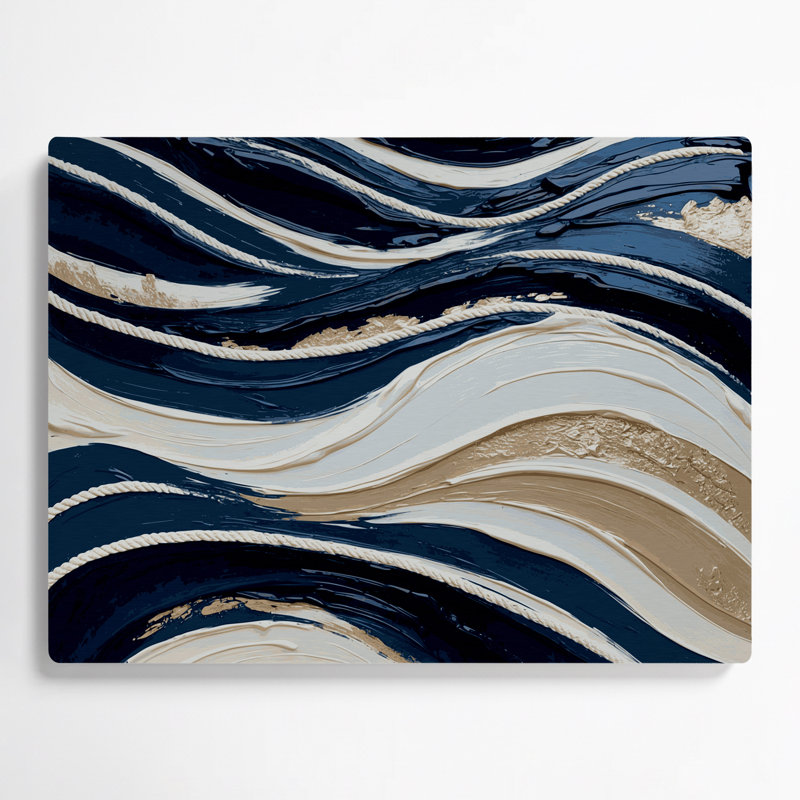 Art mural horizontal rayé bleu marine en métal crème, H 20 po x l 30 po