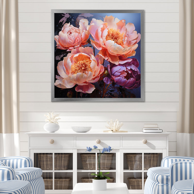 " Peach Peonies Dreams ", Silver Single Picture Framed, 30" H x 30" W x 1" D