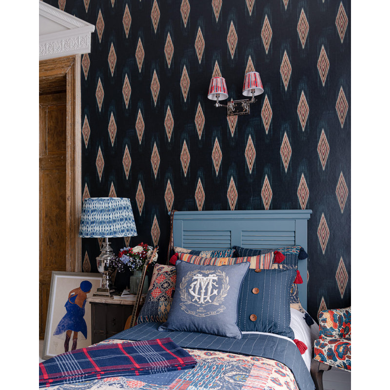 Woodstock Lifestyle Geometric Wallpaper Roll, Beige/Indigo/Red