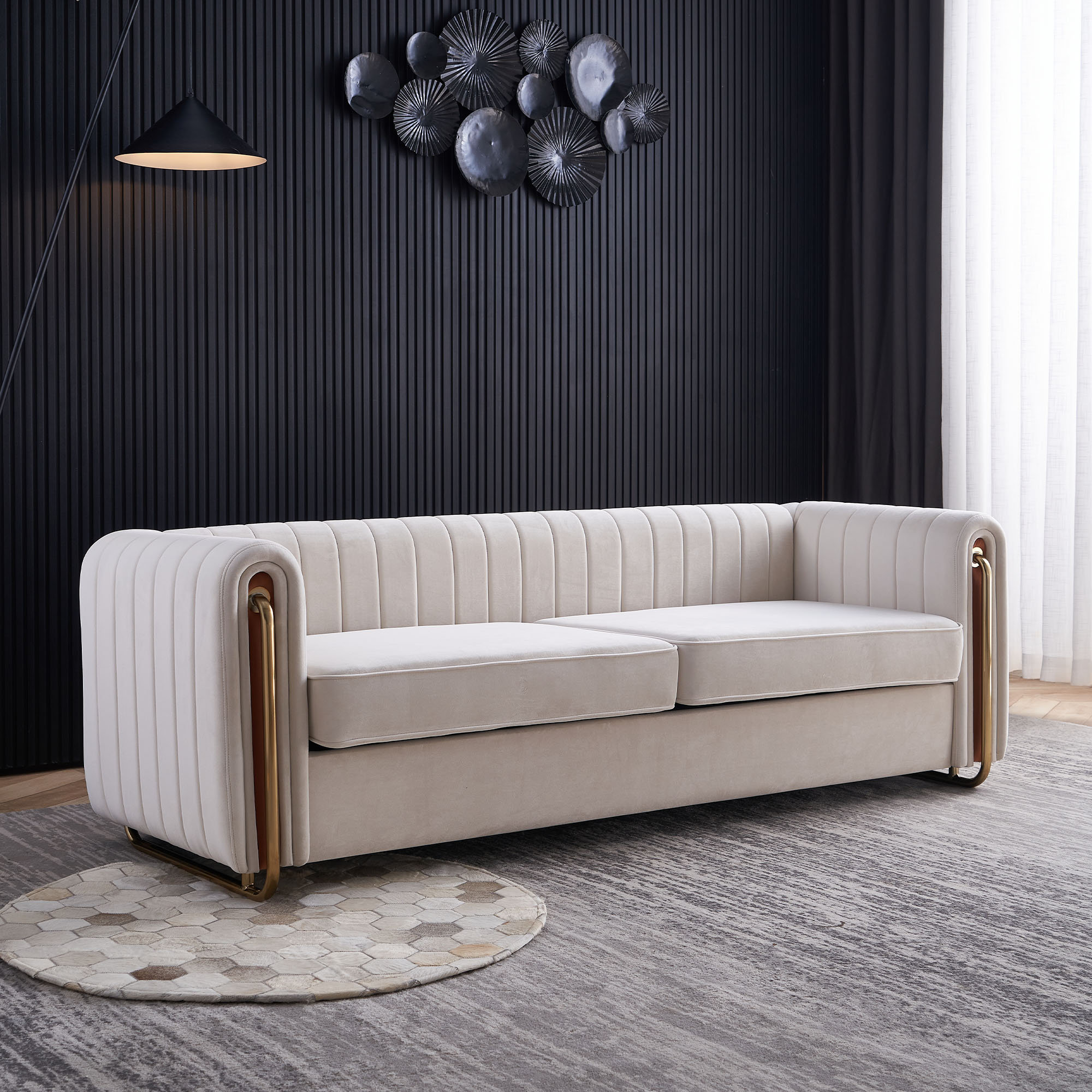 Black Velvet Upholstered Sofa Channel Tufted 3-Seater Sofa