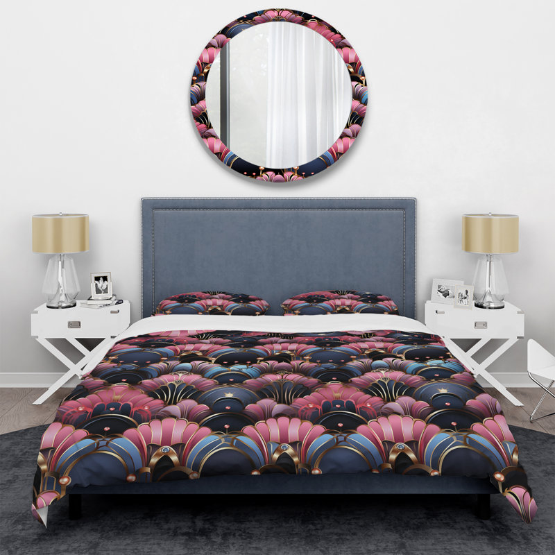 Literie damassé rose et bleue Art Deco I, Housse de couette pour très grand lit et 2 très