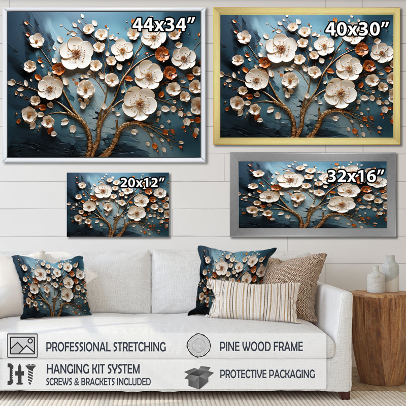 Orchidée blanche et bleue, arbre III - Art floral abstrait, Cadre flottant doré, H 24 po x l 32 po x P 1 po