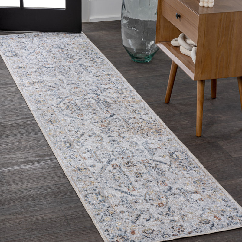 Brandy Rustic Border Low-Pile Machine-Washable Light Gray/Blue Rug, Runner 2' x 7'10"