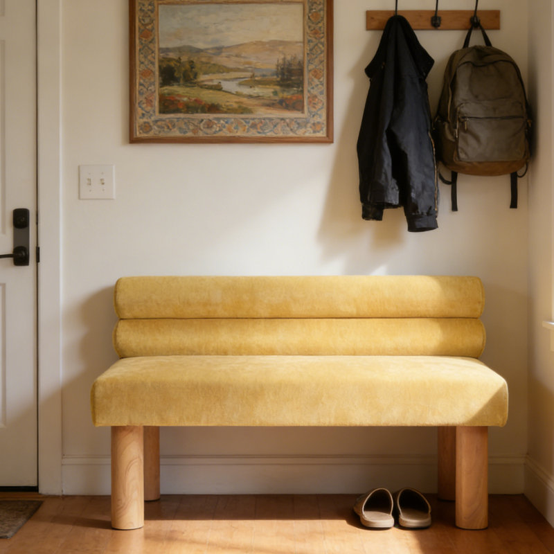 Banc de salle à manger rembourré avec pieds en bois d'hévéa et dossier roulé Yisroel, Polyester jaune, Brun