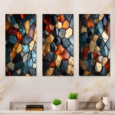 Gold And Blue Cubic Mosaic Tiles I - Abstract Tile Metal Wall Art Living Room Set Of 3