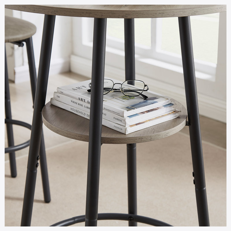 Round bar stool set with shelf, upholstered stool with backrest, Grey, Light Grey