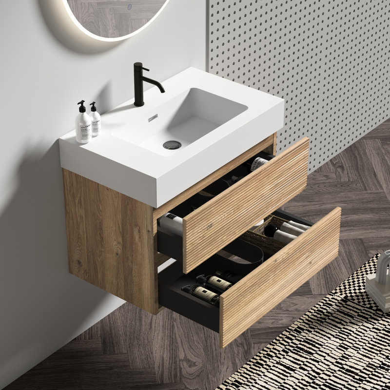 Meuble-lavabo flottant mural, impression visuelle en chêne, ensemble de fonctions de tiroir silencieux, panneaux E1, système de conception de lavabo en une pièce Qualité, performance,