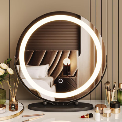 Miroir de salle de bain avec lumières DEL, nouveau miroir de maquillage à intensité variable 3 couleurs 2024 à commande tactile, miroir de bureau rond à rotation à 360 °