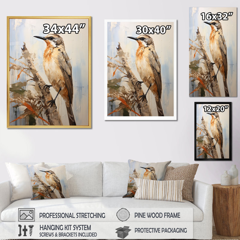 «Beige Elegant Natures Songbirds» sur toile, Toile tendue, H 20 po x l 12 po x P 1 po