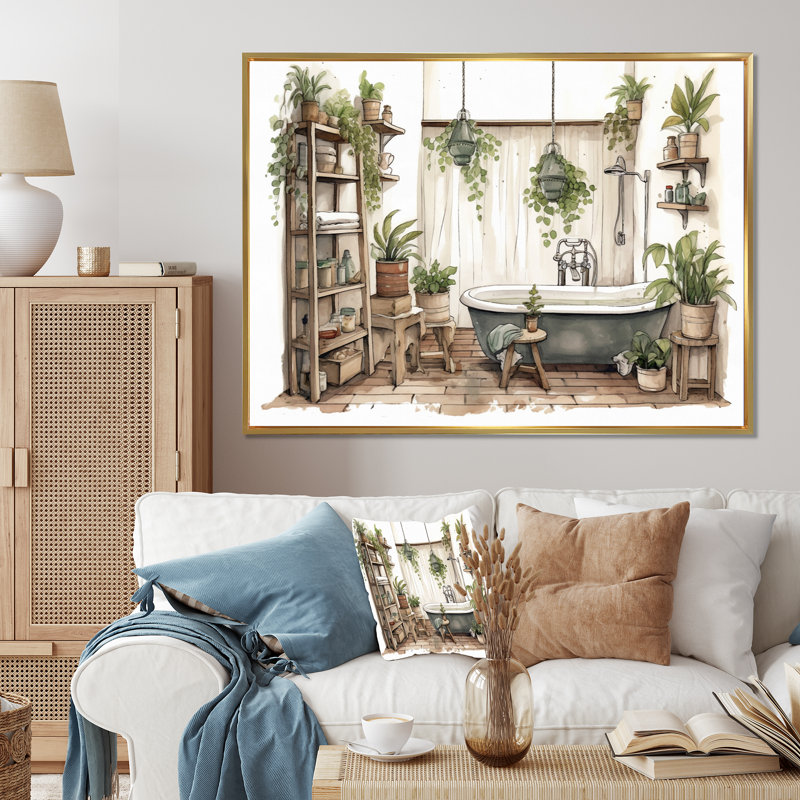 «Natural Bathroom Decor», impression sur toile, Cadre flottant doré, H 12 po x l 20 po x P 1 po