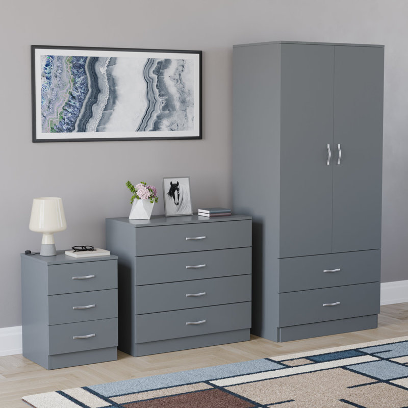 Maybery 3 Piece Bedroom Set (3 Drawer Bedside Chest, 4 Drawer Chest, 2 Door 2 Drawer Wardrobe), (4), Grey