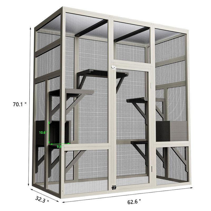 70" Large Wood Catio Outdoor Cat Enclosure, Outdoor Cat Cage with Waterproof Cover,Wooden Walk in Cat Shelter Platforms & 2 Resting Box, UV Resistant