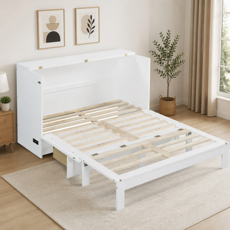Lit escamotable double avec grands tiroirs, blanc, Blanc