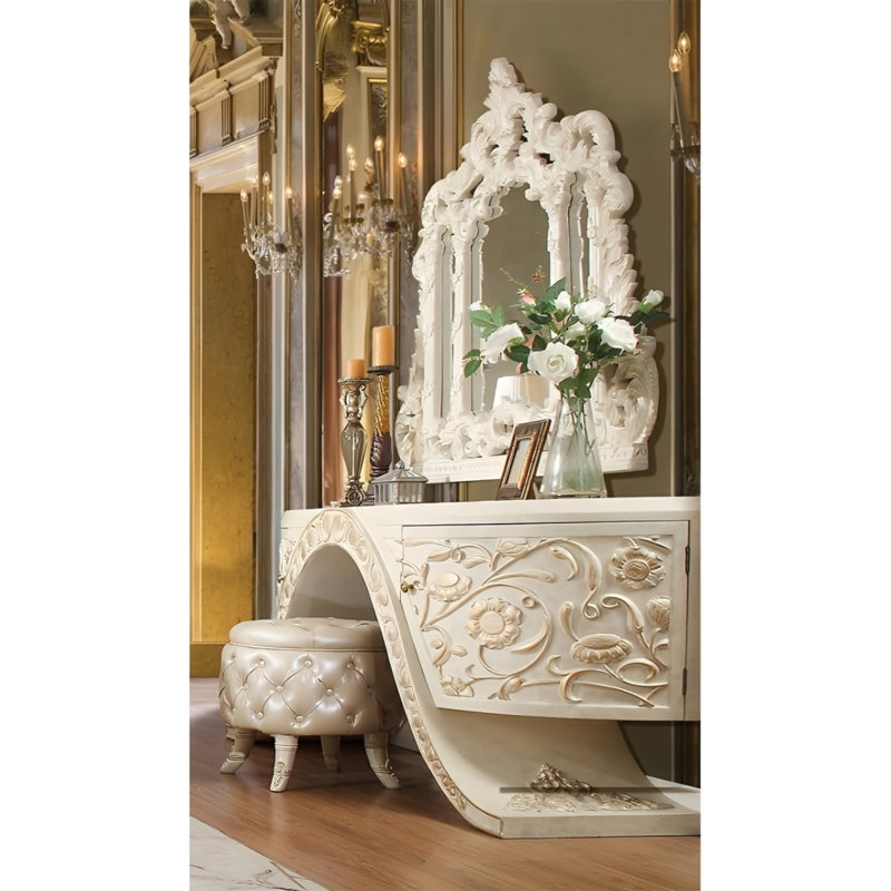Hand Carved Decorative Wall Mirror in Ivory and Gold Finish