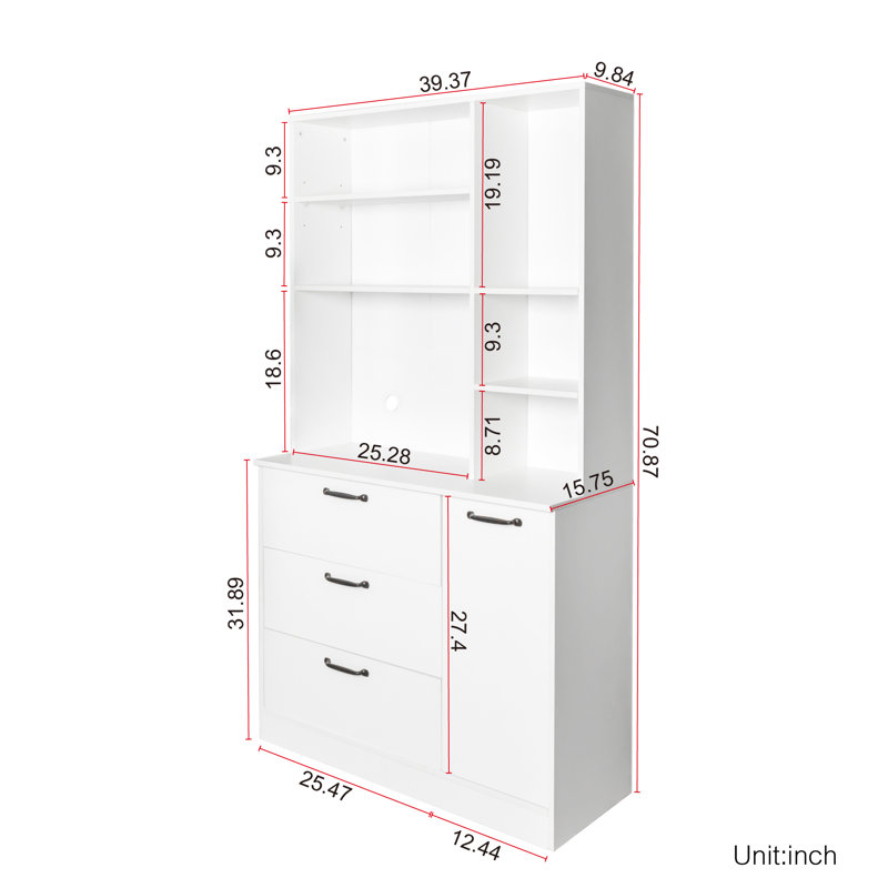 Armoire de cuisine sur pied avec 3 tiroirs et tablettes ouvertes
