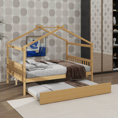 Full-Scale Wooden House Bed With Twin-Size Pull-Out Bed