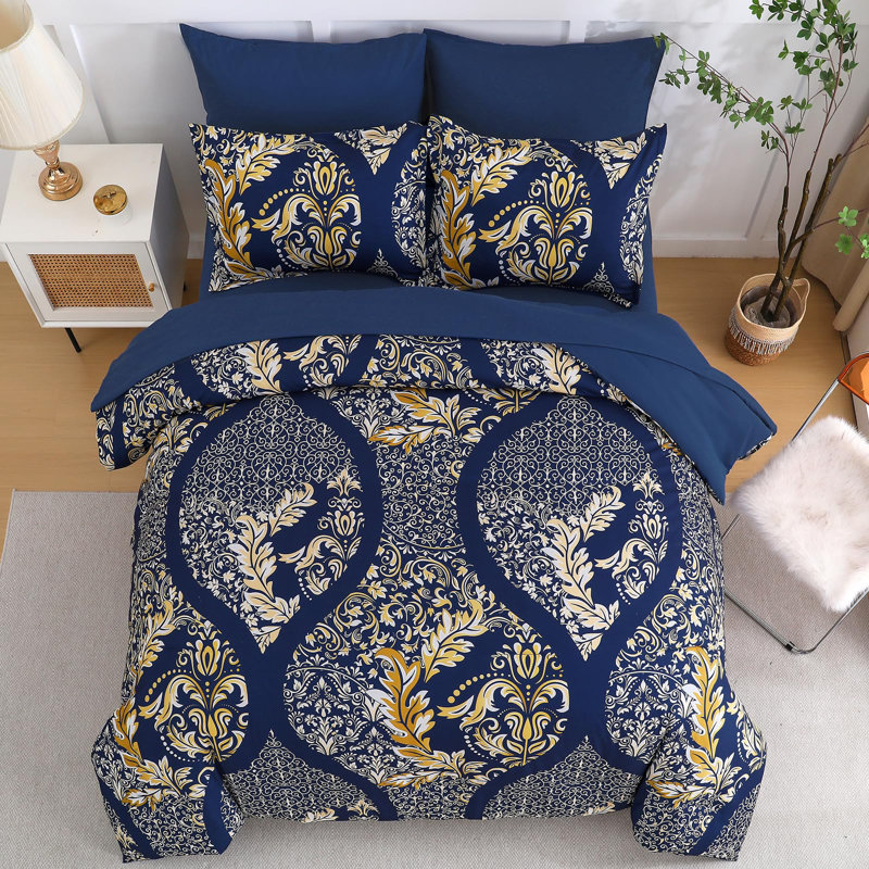 7 Pieces Bohemian Damask Comforter Set Soft Lightweight Microfiber All Season Bedding Set, Gold/Navy Blue Damask
