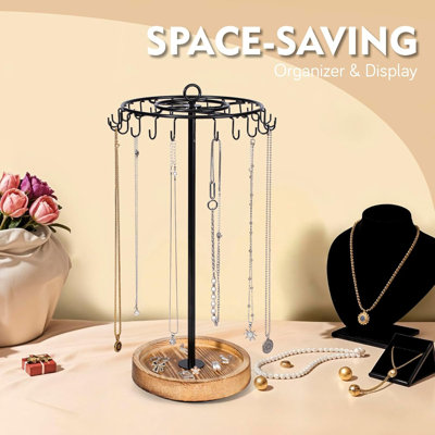 Rotating Necklace Holder, Necklace Organizer Tree Stand with 24 Hooks, Jewelry Necklace Display Stand, Wooden ， Metal, Tall Spinning for Vendors Retail, Gift for Mother Women