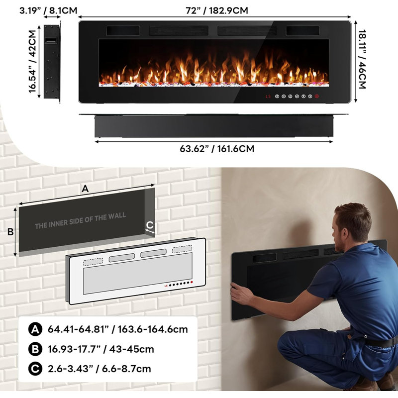 Foyer électrique mural encastré Aishe, H 18,11 po x l 72 po x P 3,86 po