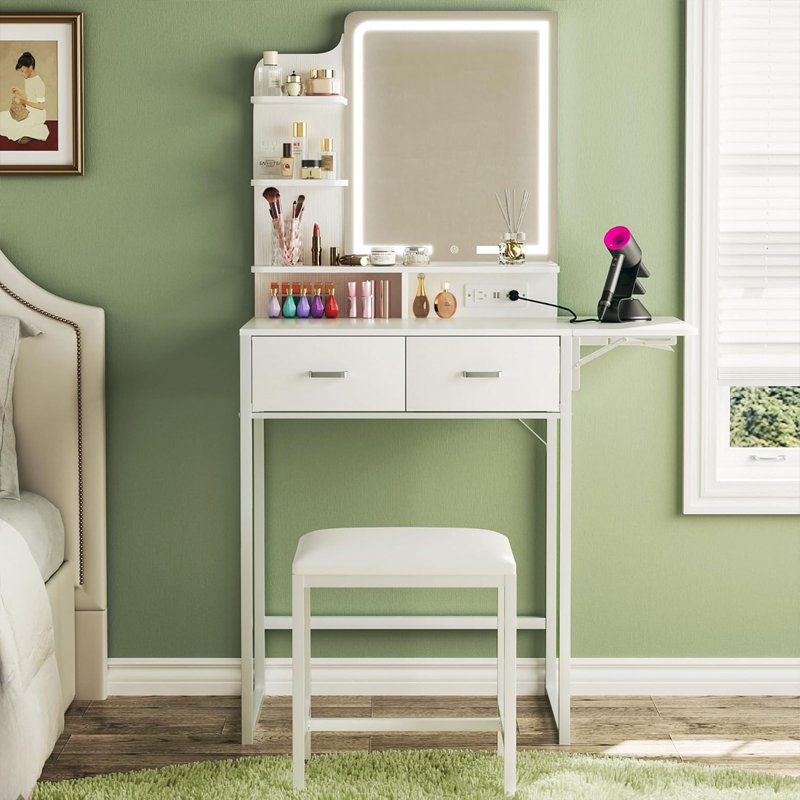 Hartnett Small Makeup Vanity With Charging Station & Fabric Drawers Extendable Vanity Desk, White