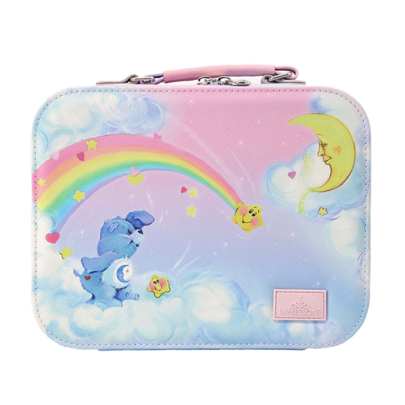 Trousse de maquillage Care Bears en simili cuir saffiano, organisateur de maquillage avec poignée de transport supérieure et cloison amovible, pochette intérieure en filet avec fermeture à glissière, trousse de maquillage