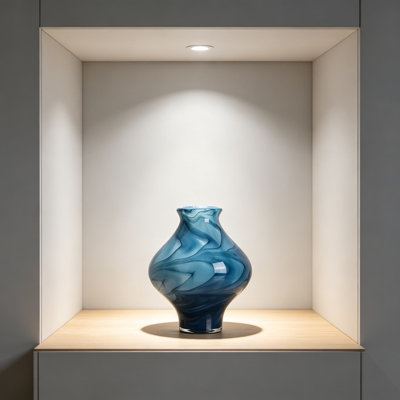 Hand Blown Blue Glass Vase, Modern Artisan Vase For Home And Office Decor, Unique Centerpiece For Table, Shelf, Or Mantel