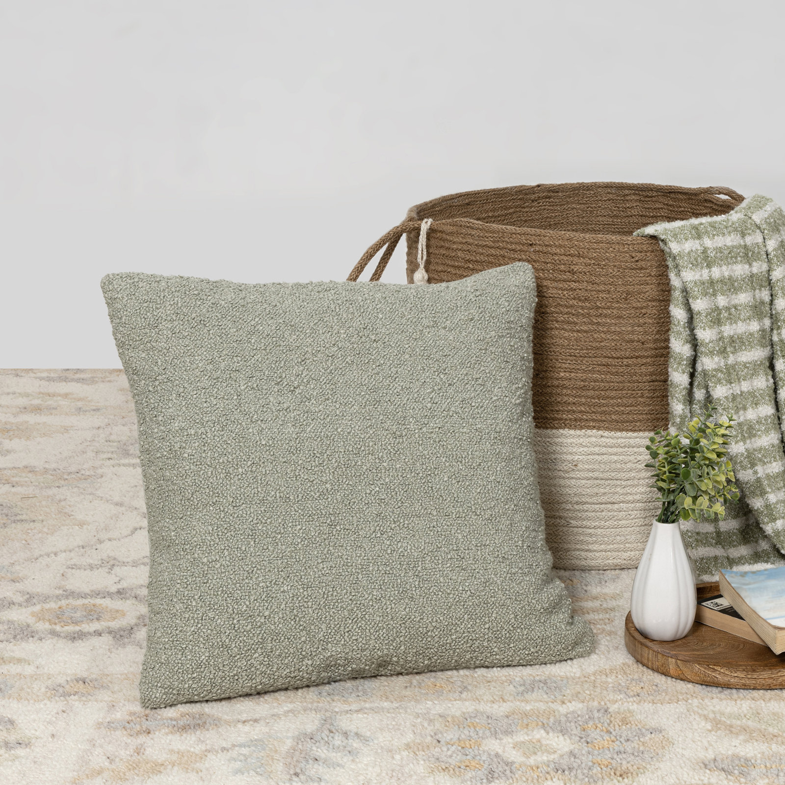Boucle Mid-Century Modern Boucle Throw Pillow, Pillow Cover Only - No Insert, 20"H x 20"W, Green