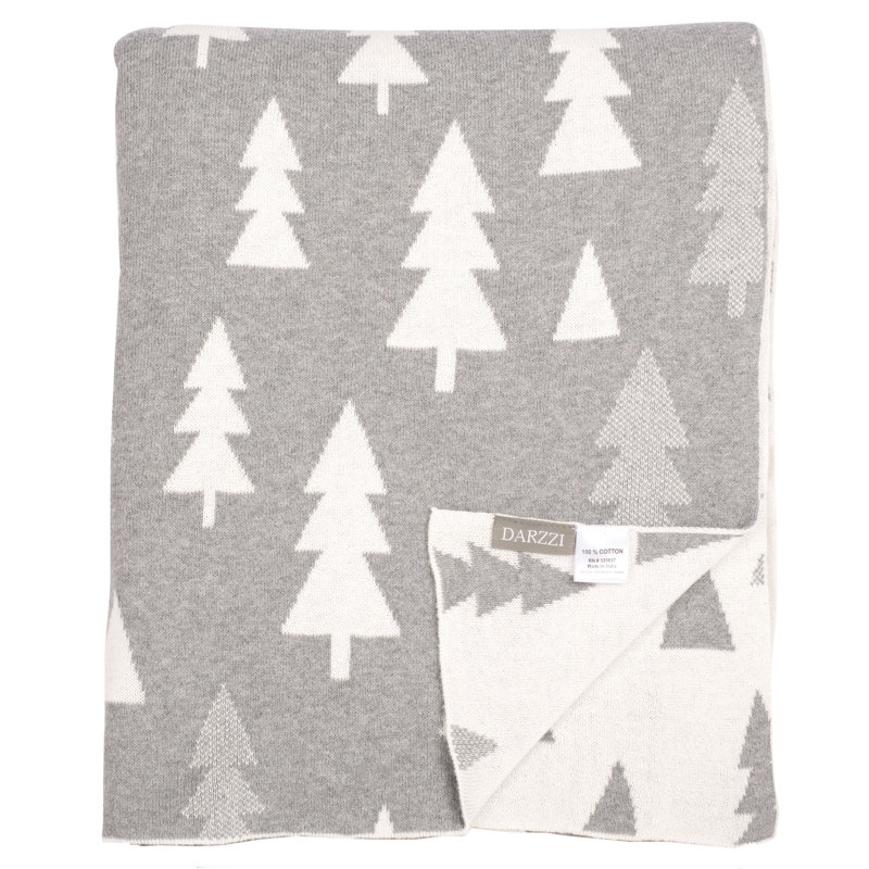 Pine Tree Knitted Throw Blanket, Gray/White