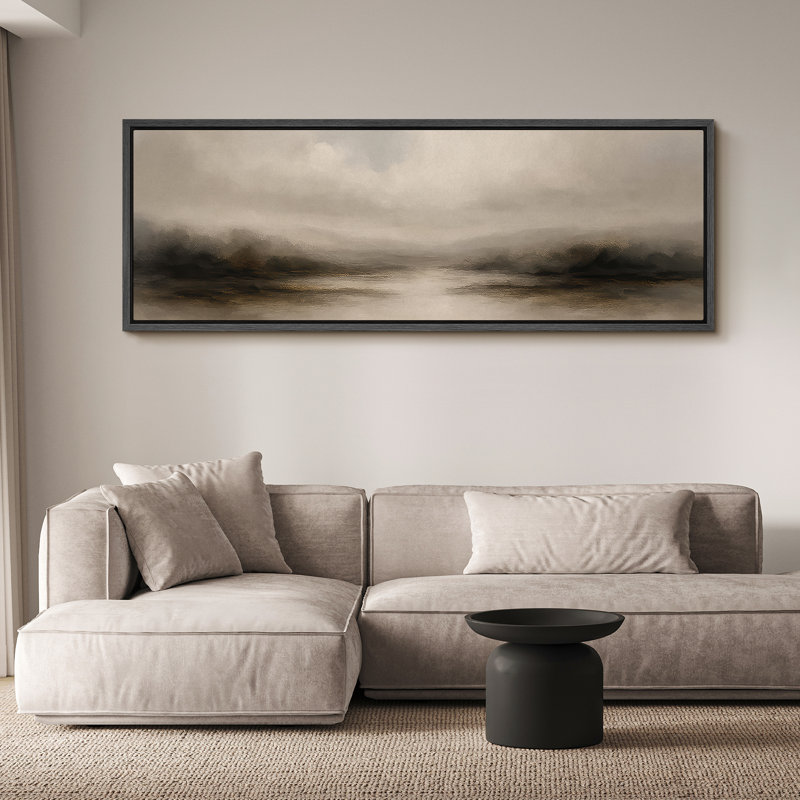 Large Framed Canvas Print Wall Art - Neutral Abstract Landscape Print for Minimalist Modern Wall Decor, 20" H x 60" W, Black