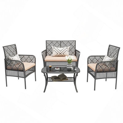 4 Pieces Outdoor Patio Furniture Set,PE Rattan Wicker Garden Conversation Chairs With Tempered Glass Table And Soft Cushions For Backyard Pool Or Lawn