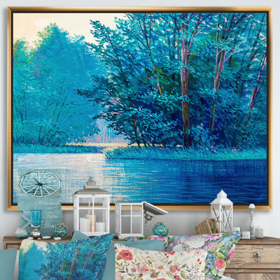 Forêt d'été avec rivière et cascade - reproduction d'art sur toile