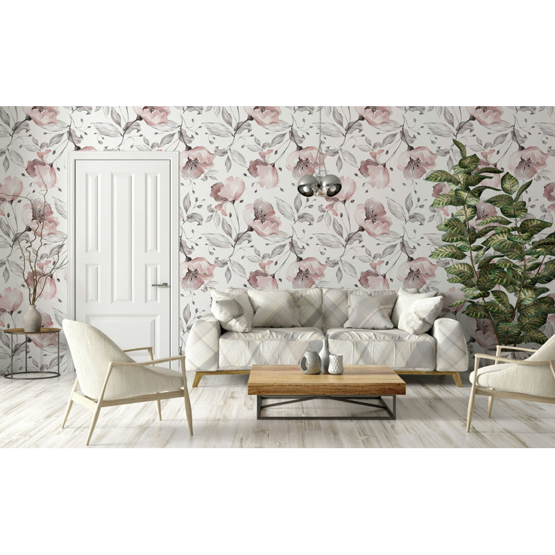 Papier peint floral aquarelle rosé sur fond blanc, L 37 po x l 56 po