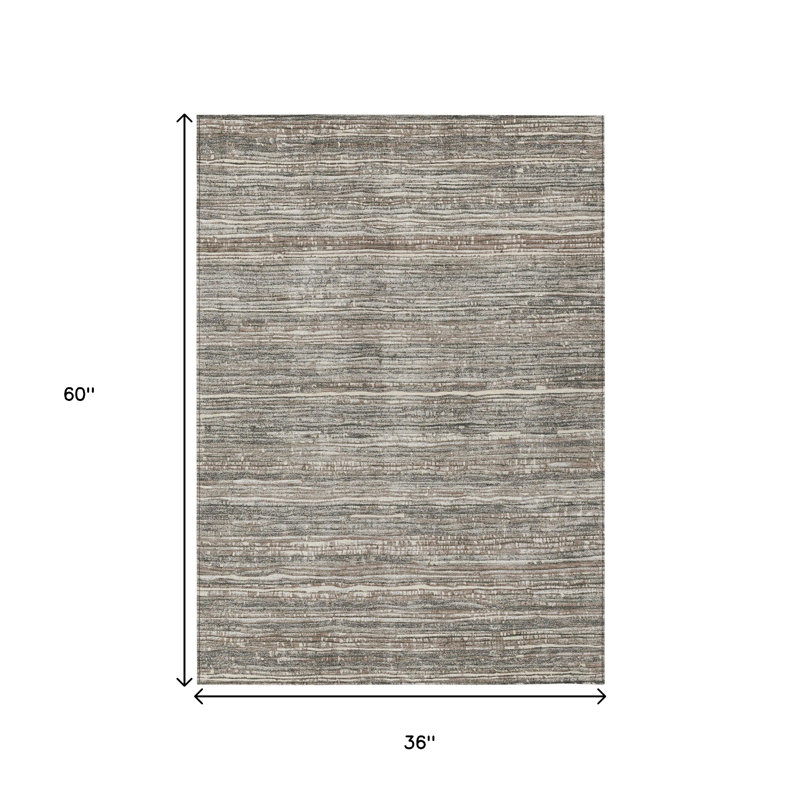 3' X 5' Beige And Grey Striped Washable Indoor Outdoor Area Rug