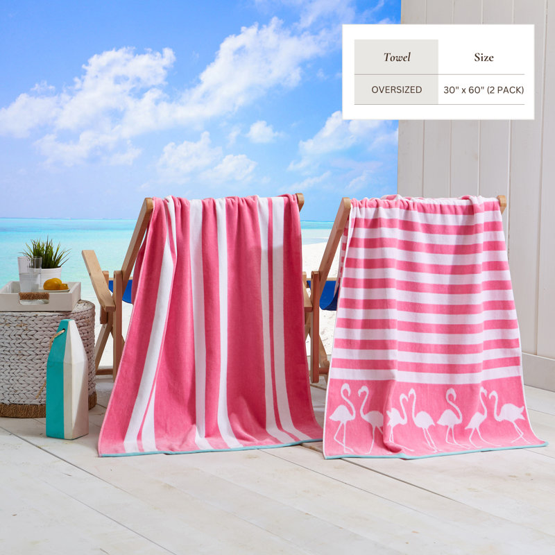 Serviettes de plage 100% jacquard 100% coton, Flamant rose / blanc et rayures