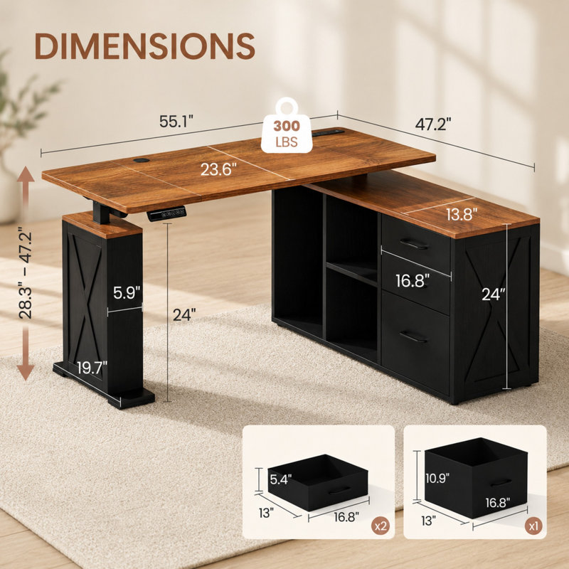 Bureau d'angle électrique en forme de L (140 cm x 120 cm) avec tiroirs de rangement, hauteur réglable, prises électriques, plateau relevable, style ferme, idéal pour le télétravail.