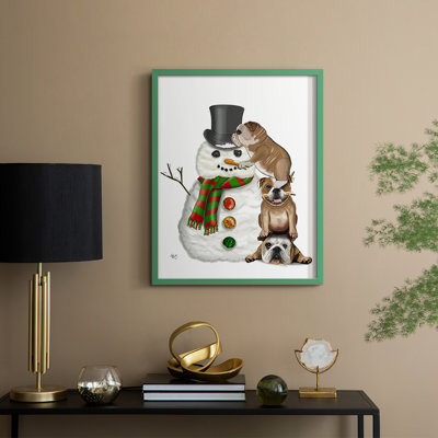 Christmas English Bulldogs Building Snowman Framed Print - Solid Wood