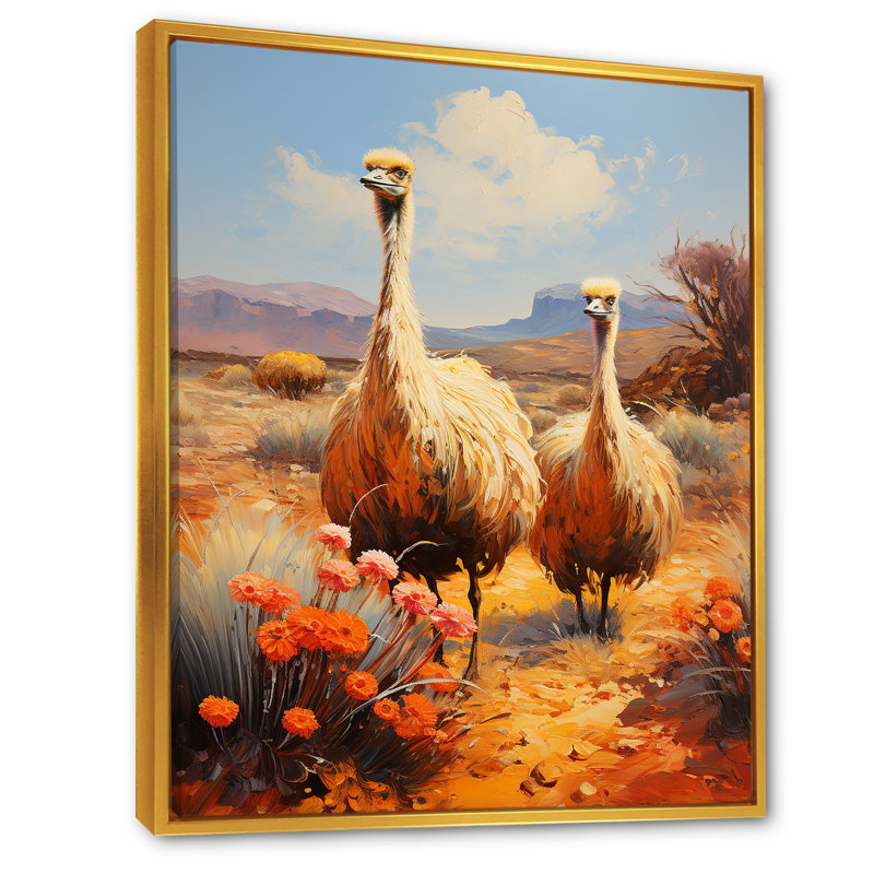 Autruches du désert nomades sur toile, H 20 po x l 12 po x P 1 po, Cadre flottant doré