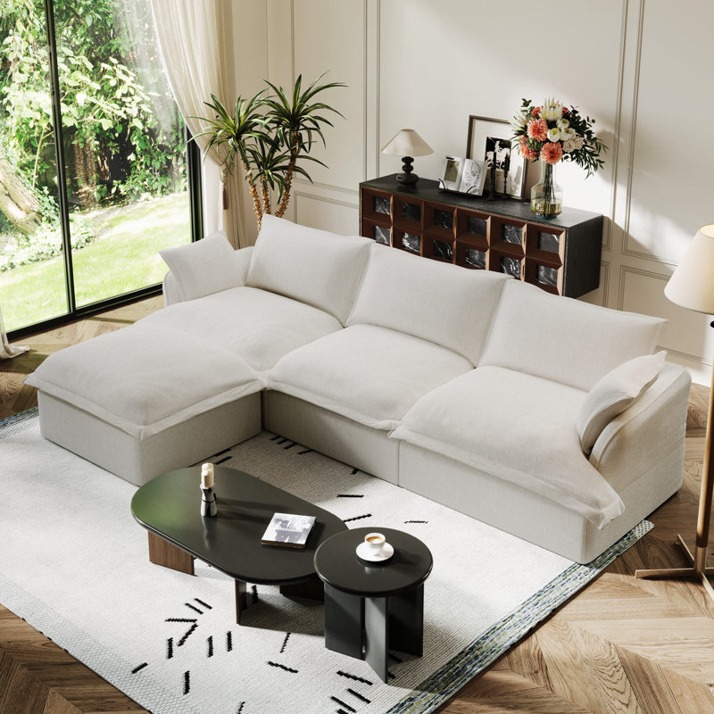Canapé modulaire en lin mélangé Linen Blend, canapé convertible rembourré Cloud, Mélange de lin blanc