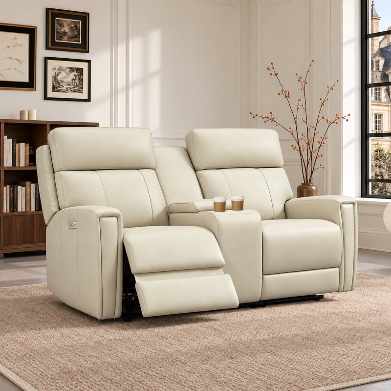 Causeuse inclinable en cuir véritable Ruddie, Cuir véritable crème