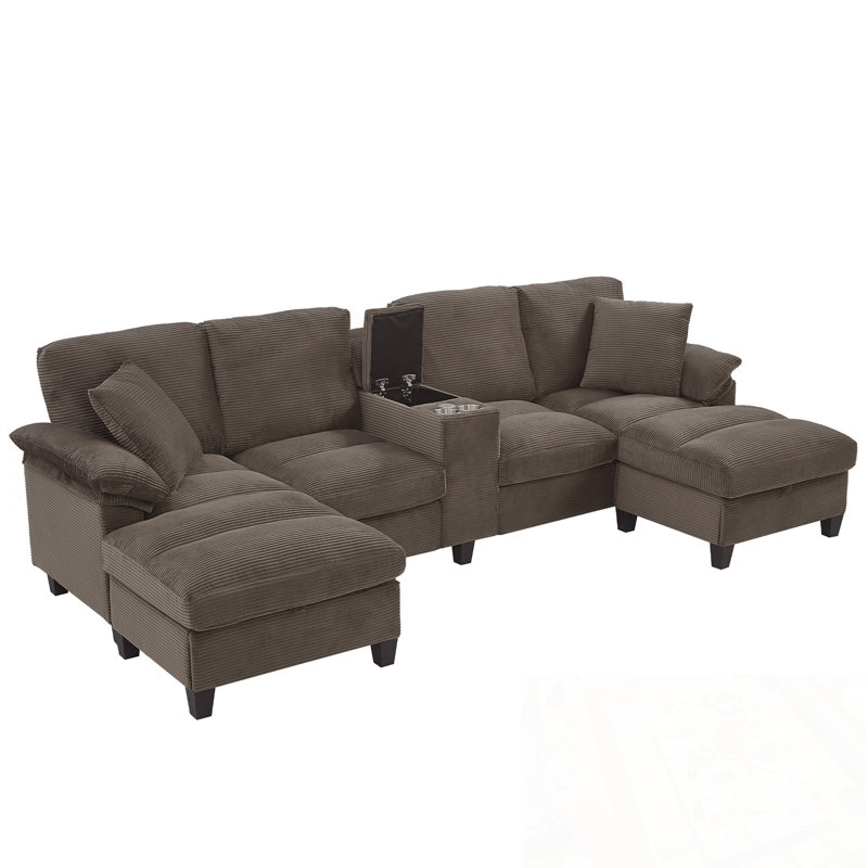 U-Shaped Sectional Sofa With Storage Ottomans, Cup Holders And USB Ports, Brown Corduroy