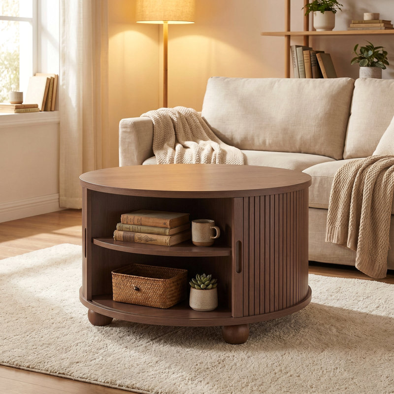 Table basse ronde de 31,5 po, table basse cannelée avec porte coulissante incurvée à 360 ° et rangement, table centrale cylindrique pour salon, maison, petit espace, noyer