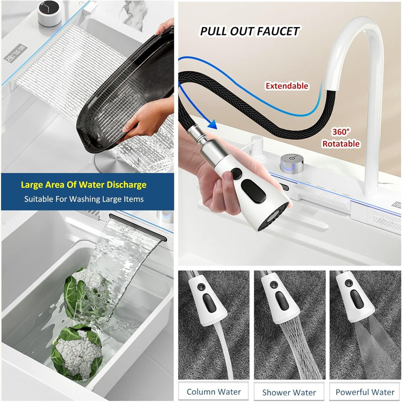 29.5 X 17.7 Inch Full Digital Display Embossed Stainless Steel Full Raindance Waterfall Kitchen Sink With Pressurized Cup Washer And Two Waterfalls