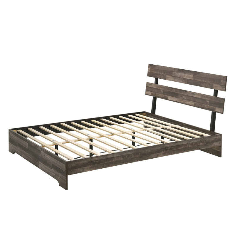 Rustique, lit plateforme double, base de lit à profil bas, finition brune, style contemporain, bois massif, Lit double